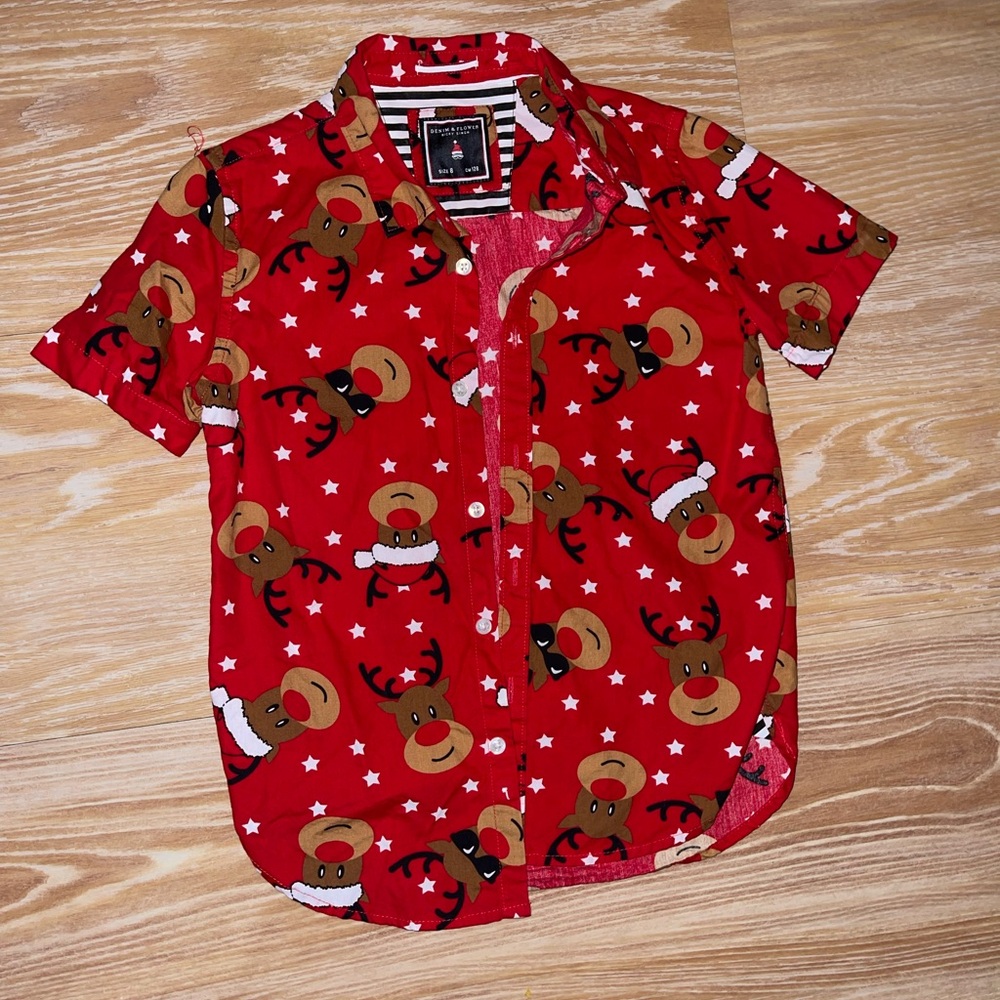 Denim & Flower Ricky Singh Men’s Button Down Reindeer Shirt Red Slim Fit Cotton